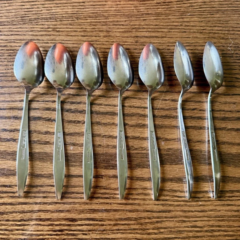 Vintage EKCO Stainless Steel Teaspoons Set of 7 Mid Century Modern Geometric